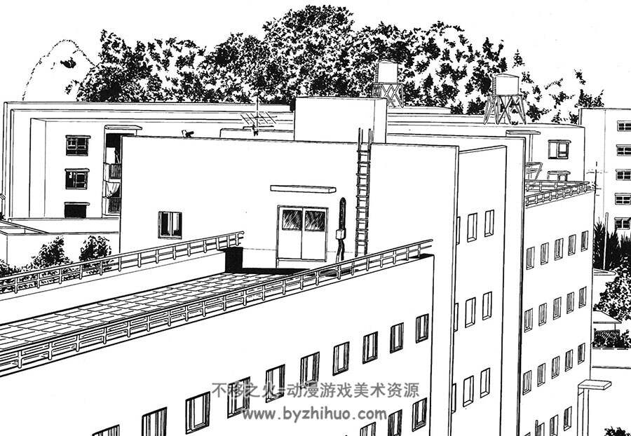 学校建筑+教室室内场景线稿 漫画背景素材 77P