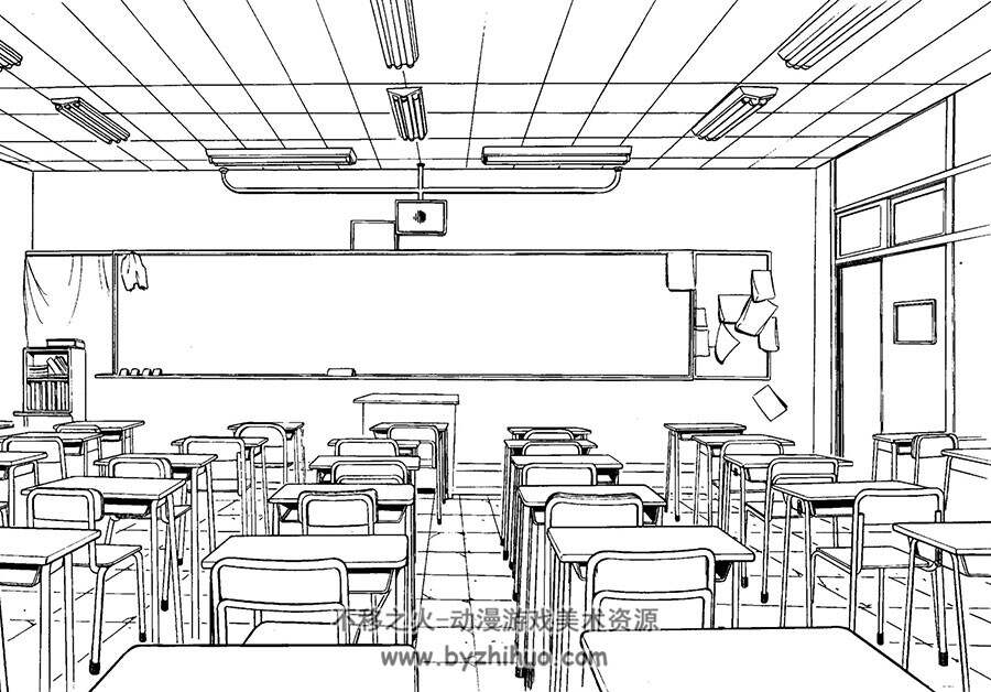 学校建筑 教室室内场景线稿漫画背景素材77p 不移之火资源网