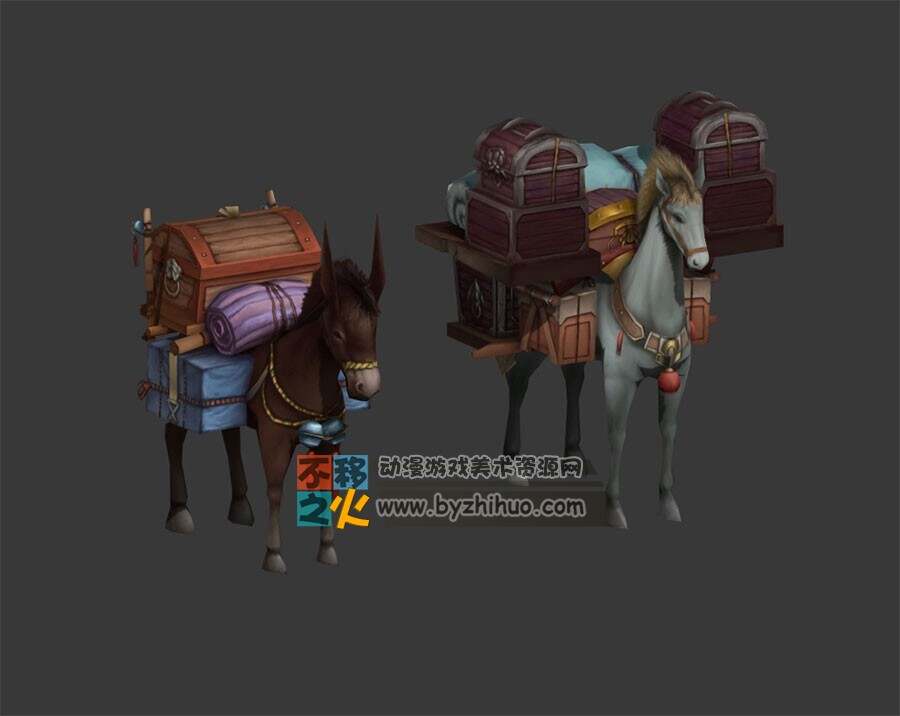 Donkey and Horse 驮着货物的毛驴和马 Max模型