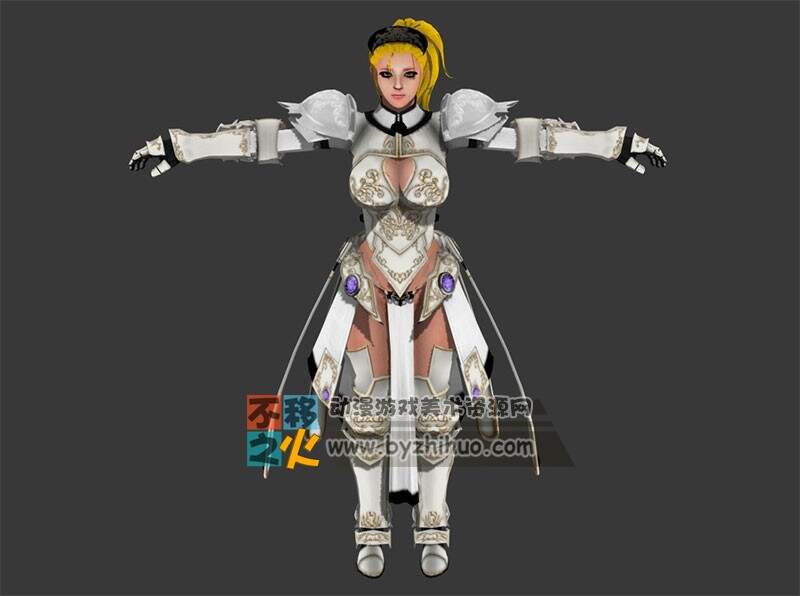 美女 金发 白色 铠甲 女战士T-pose模型