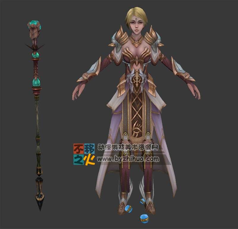 金色短发法杖女法师模型