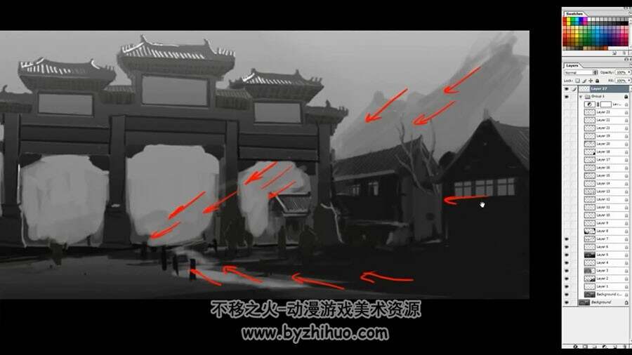 灰调子中国风街市牌坊透视光影绘制讲解