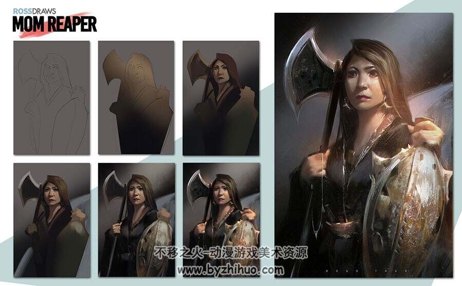 画师RossTran 女刀斧手和海边场景视频教程 附PSD文件和笔刷