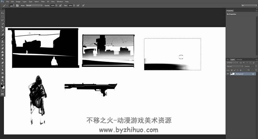 黑白灰角色场景道具原画设计绘制视频教程 附PSD文件和笔刷