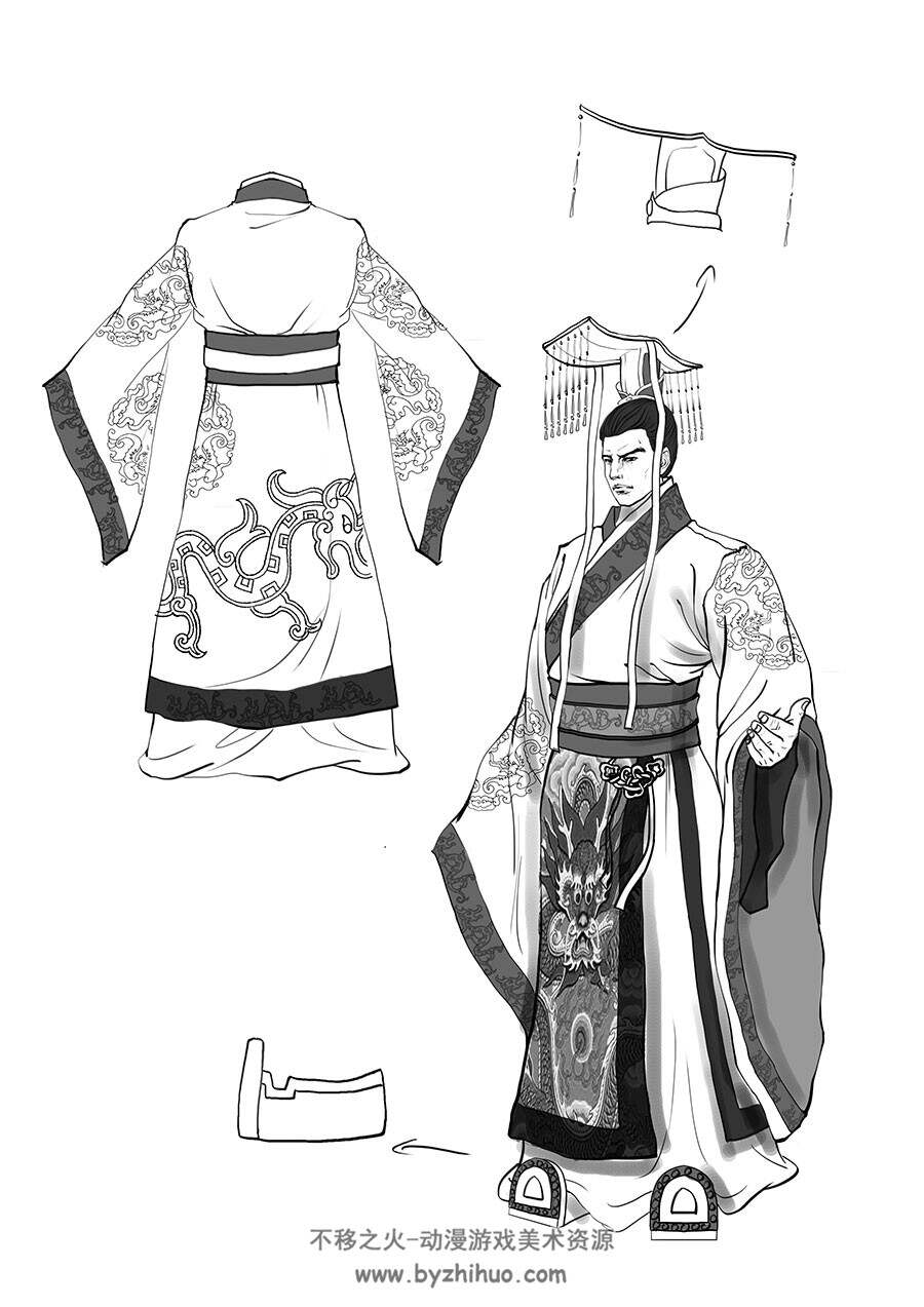 中式古代各式服装线稿图包参考 55P