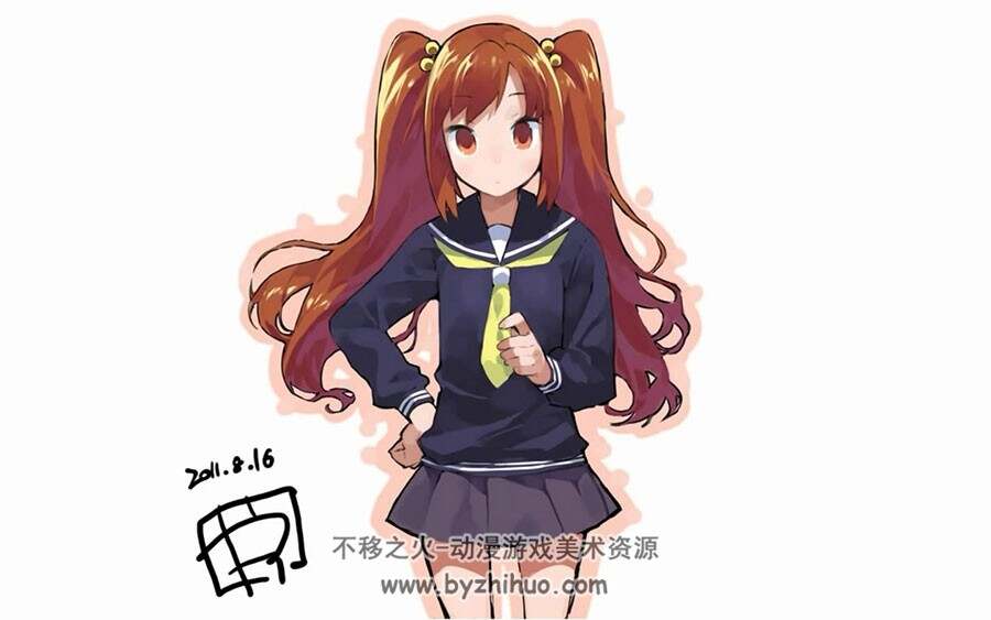 日系二次元校服双马尾美少女绘画过程视频