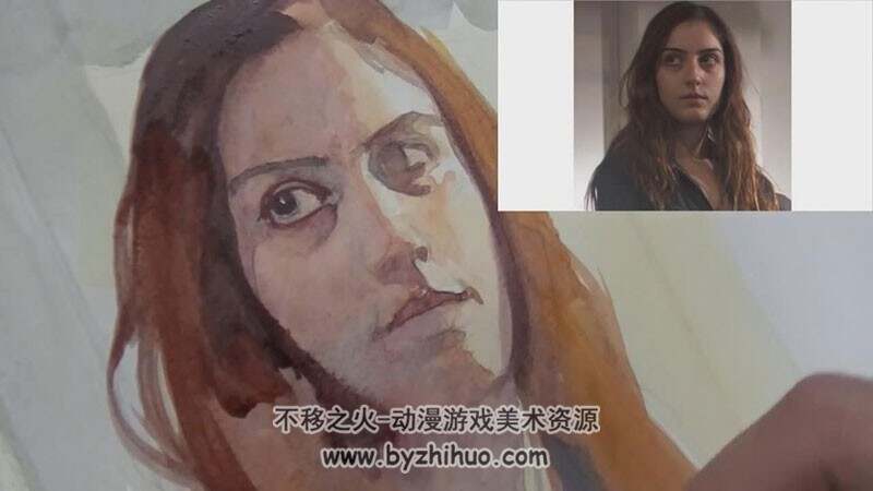 传统手绘水彩长发外国女人头像绘制视频教程