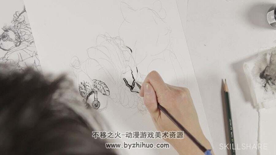 东方传统绘画工具绘制黑白商业插画视频讲解教程