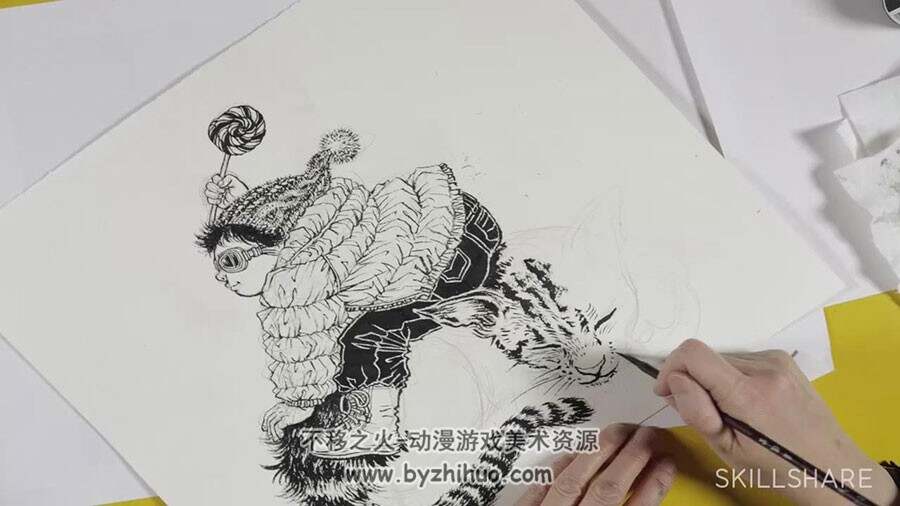 东方传统绘画工具绘制黑白商业插画视频讲解教程