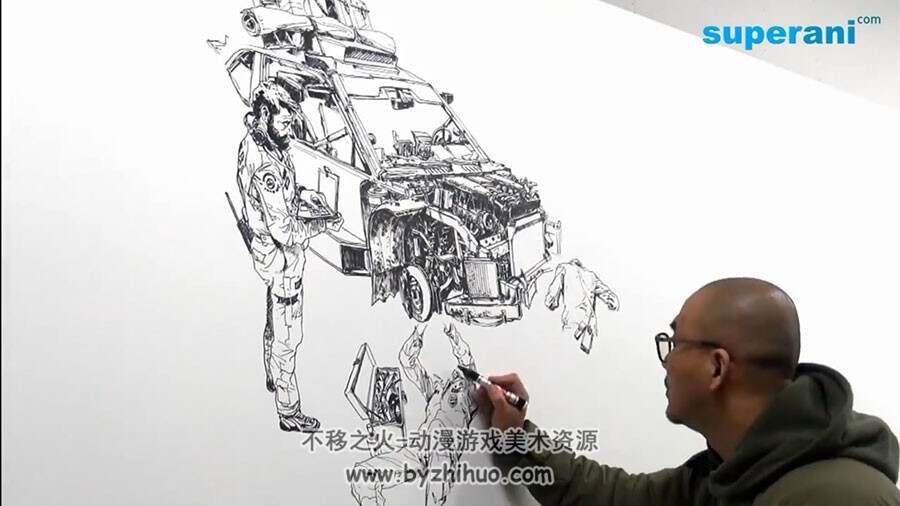 金政基超强大幅黑白插画从头手绘到尾视频过程