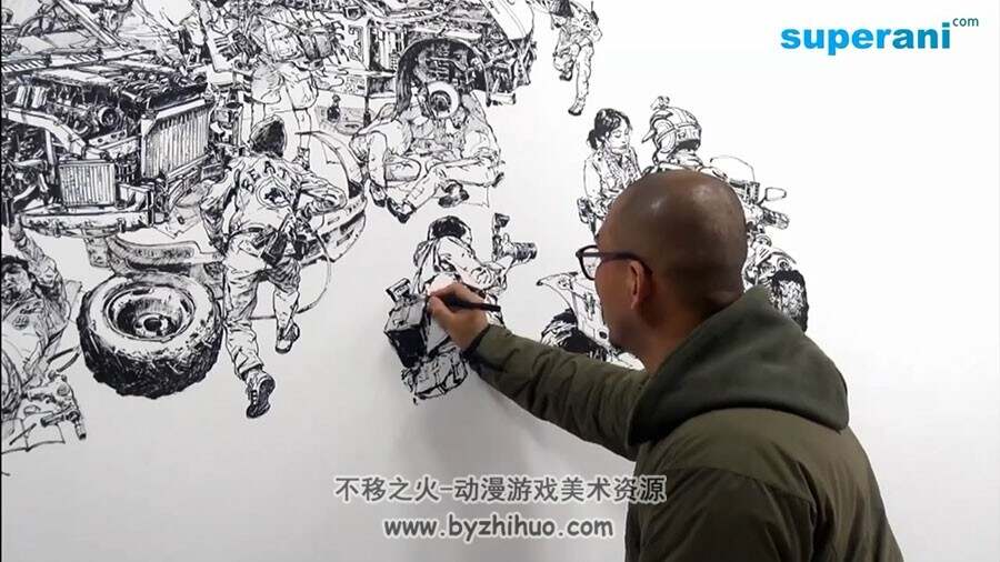 金政基超强大幅黑白插画从头手绘到尾视频过程