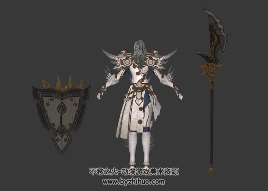 长发 白色铠甲刀盾女战士 3D模型 三边面高模