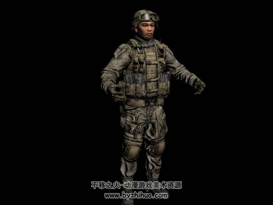 次世代 亚裔士兵军人角色 3D模型 四边面高模 有绑定