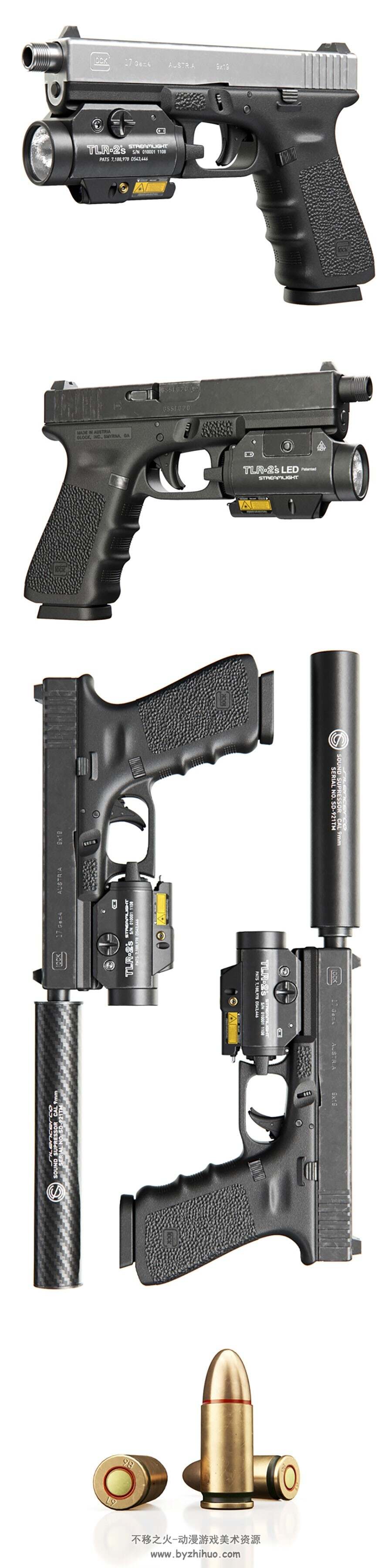 次世代 逼真枪械Glock 17 Gen4 + Flashlight with LTP 3D模型 高模
