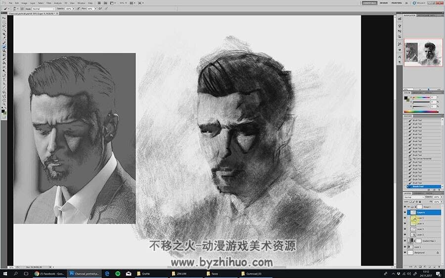 PS人物肖像素描风CG绘画视频教程 附PSD文件和笔刷