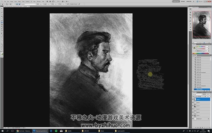 PS人物肖像素描风CG绘画视频教程 附PSD文件和笔刷