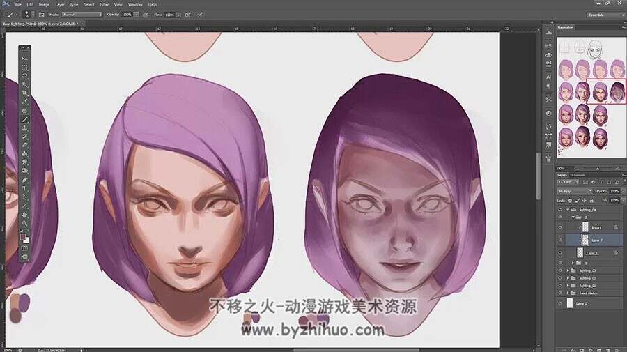 粉紫发少女 脸部不同光源角度投影绘制视频教程 附PSD文件