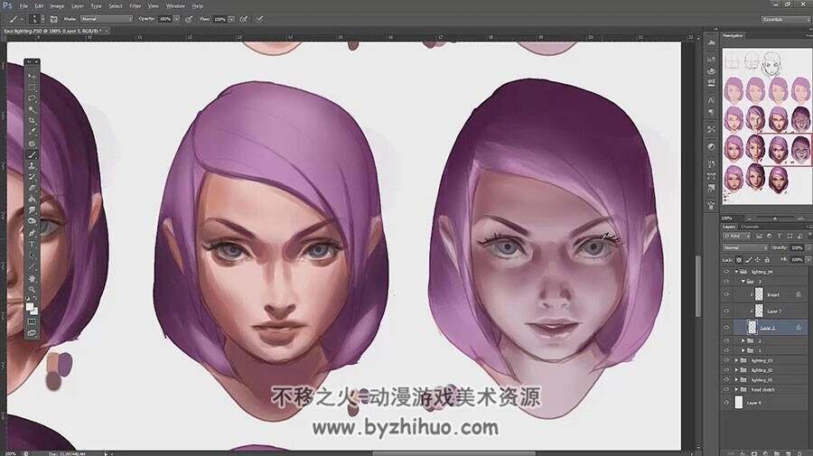 粉紫发少女 脸部不同光源角度投影绘制视频教程 附PSD文件