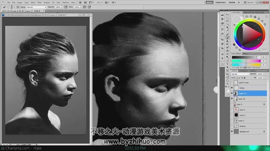 黑白素描风 外国女性头像肖像绘制视频过程 附笔刷