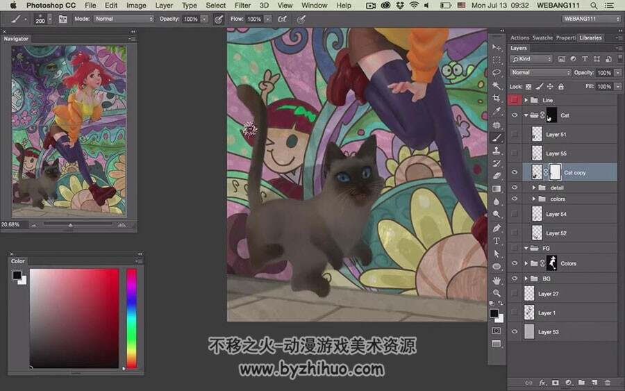 欧美卡通风 红发少女与宠物猫绘制视频教程