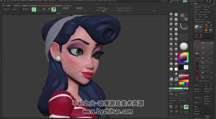 ZBrush & PS 蓝发卡通角色雕刻制作视频教程