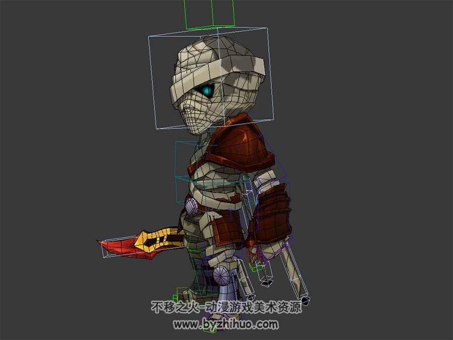 Q版卡通 木乃伊小战士 3D模型 有绑定和待机动作 四边面