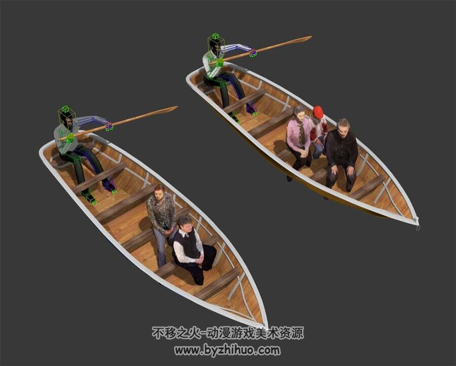 游湖划船的动作 3D模型 划船的人有绑定和动作