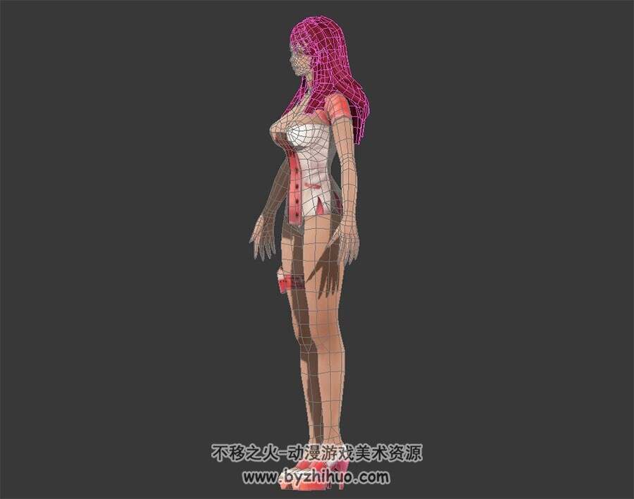 红发白短裙美女 3D模型 有绑定和动作 四边面