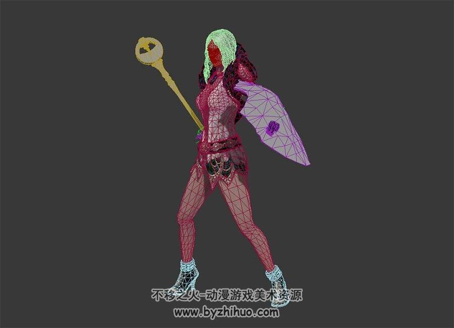白发性感短裙杖盾女战士 3D模型 有绑定和动作