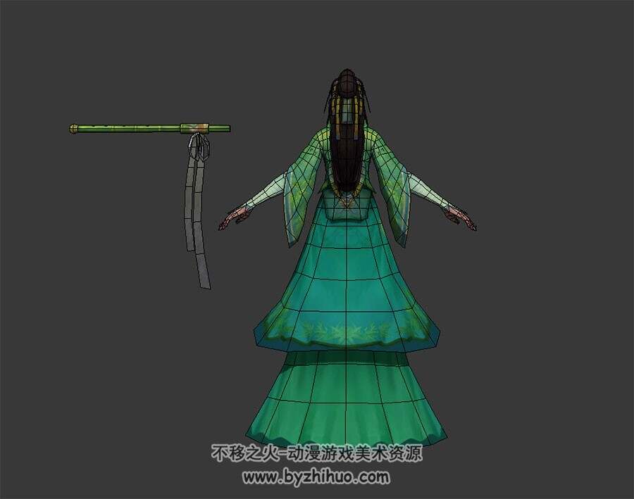 中国古风武侠 长发绿衣女角色 3D模型 四边面