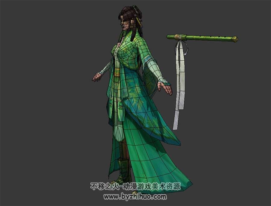 中国古风武侠 长发绿衣女角色 3D模型 四边面