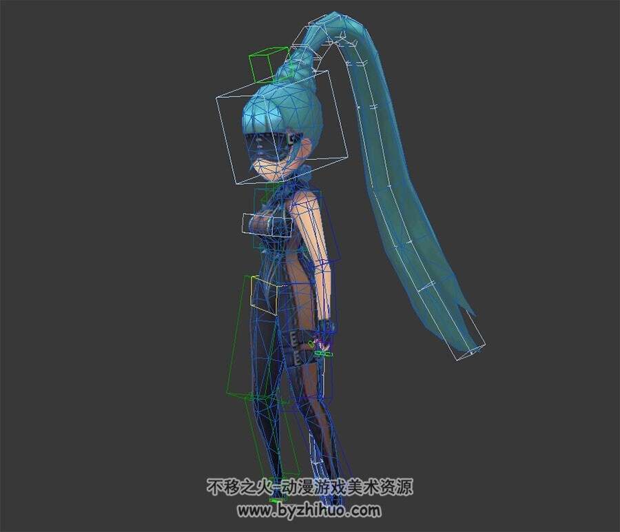 卡通蓝色单马尾紧身衣萝莉 3D模型 有绑定和动作