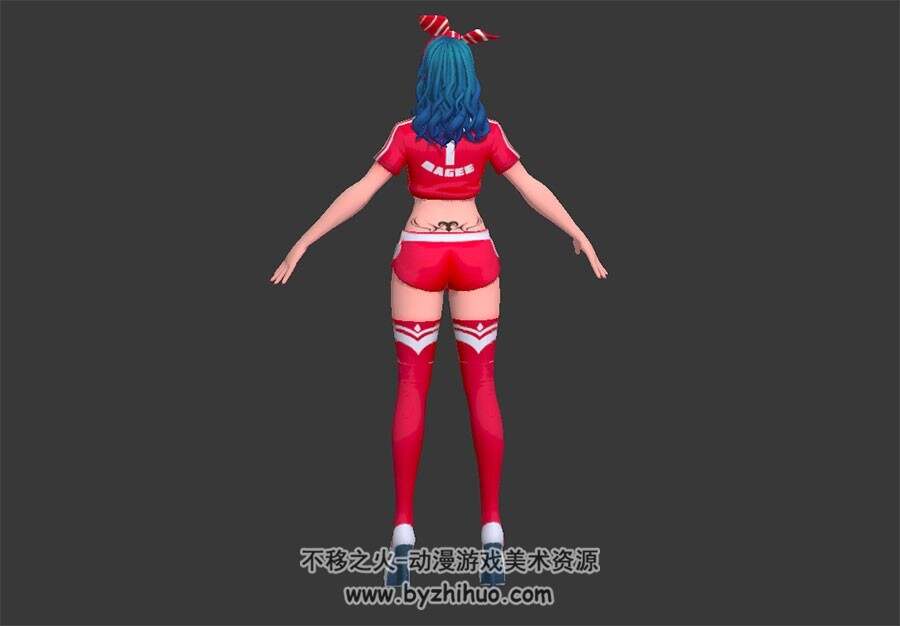 蓝发 红色运动衣少女 3D模型 有绑定