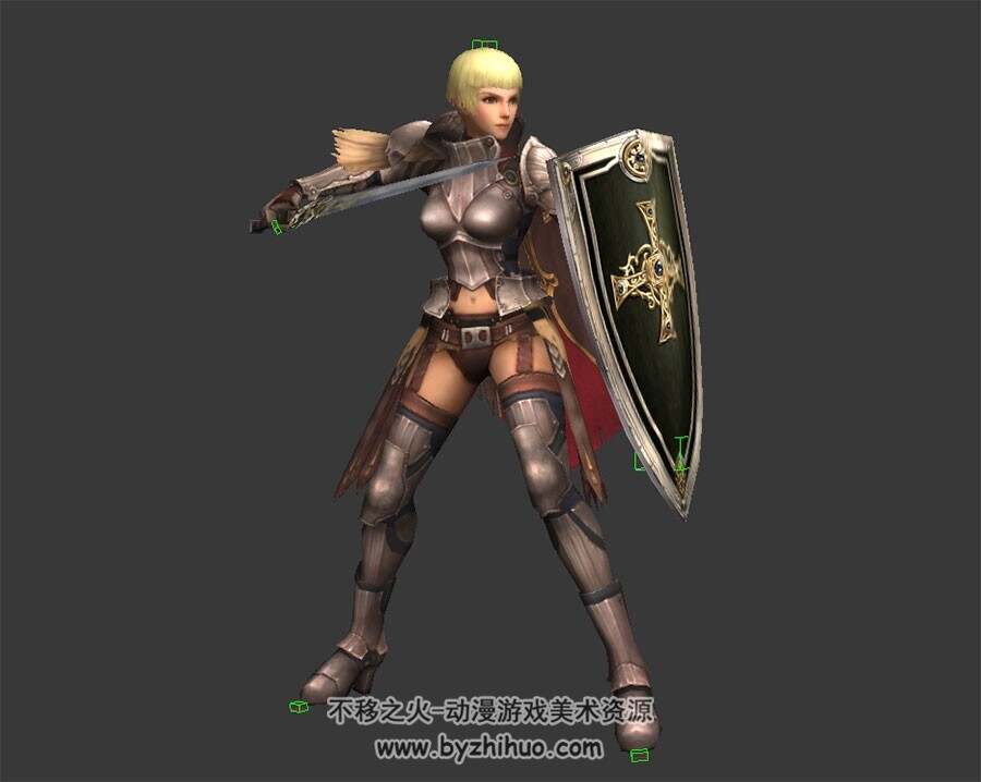 金短发 剑盾女战士 3D模型 有绑定和动作 四边面