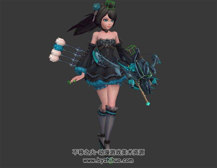 黑发萝莉远程弓箭手 3D模型 有绑定和打击。奔跑动作