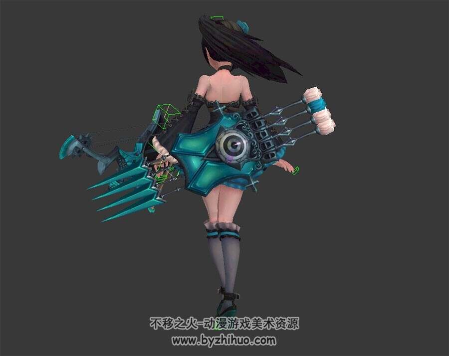 黑发萝莉远程弓箭手 3D模型 有绑定和打击。奔跑动作