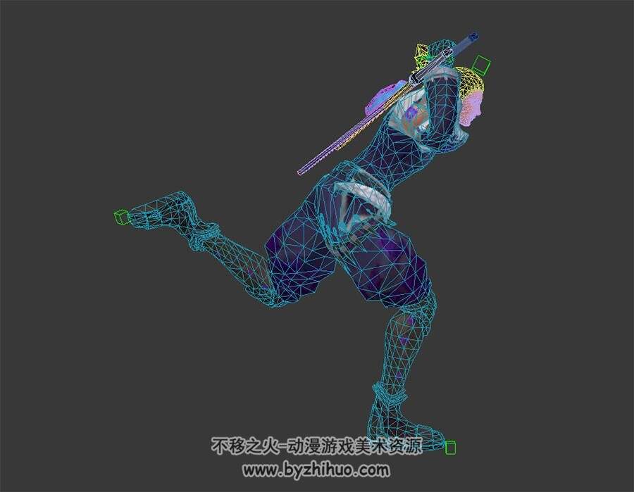 脏辫紫衣男剑客 3D模型 有绑定和待机、奔跑的动作