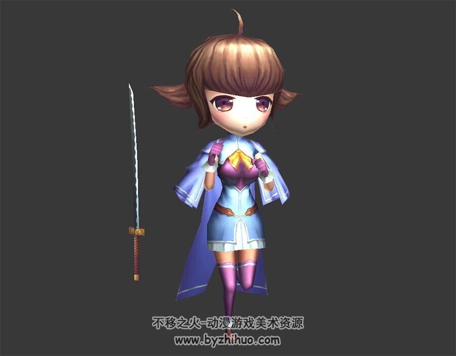 Q版卡通 三头身少女 3D没耐心有绑定和走跑动作