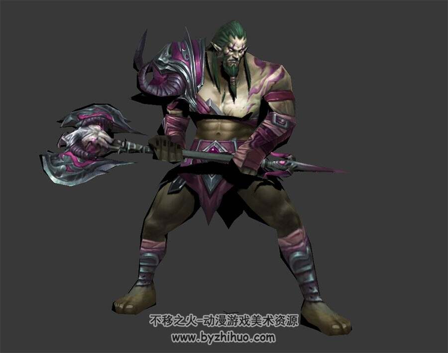 绿发斧子壮汉 3D模型 有绑定和四连击动作 四边面