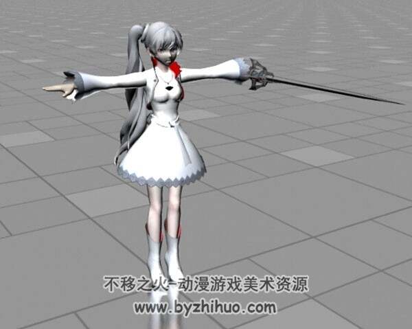 白髮白裙二次元少女3d模型有綁定