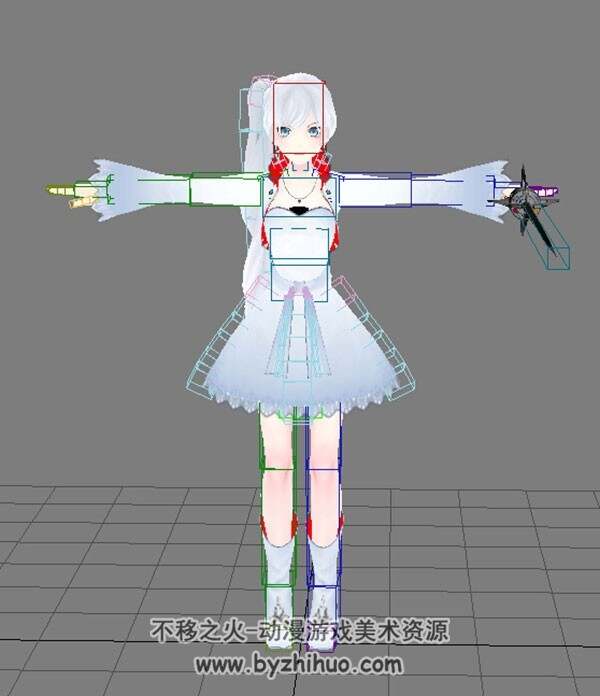 白发白裙二次元少女 3D模型 有绑定
