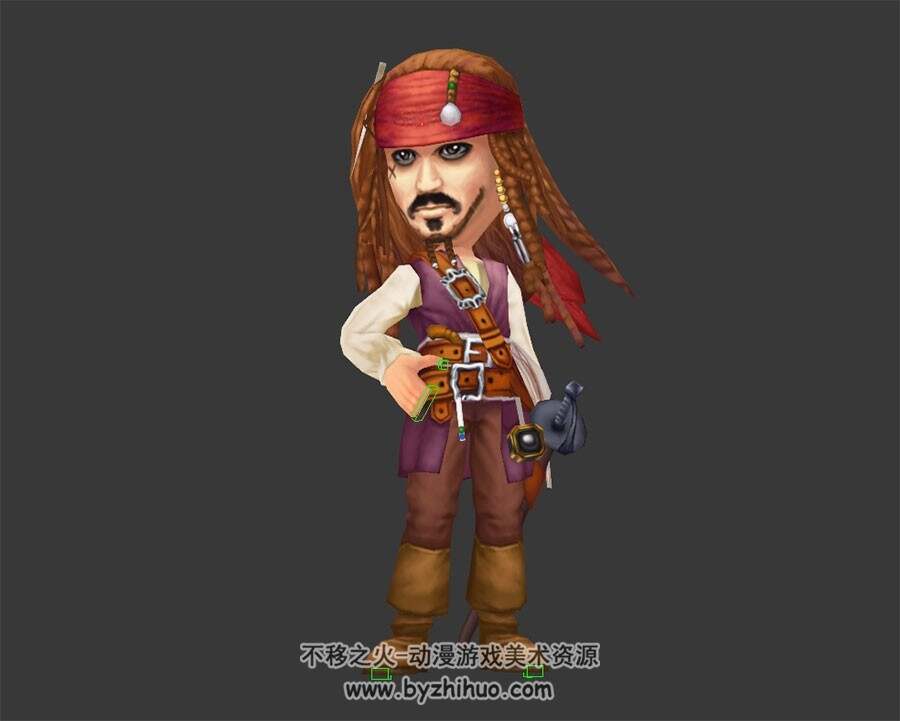 卡通风格 加勒比海盗 杰克船长 3D模型 有绑定和全套动作