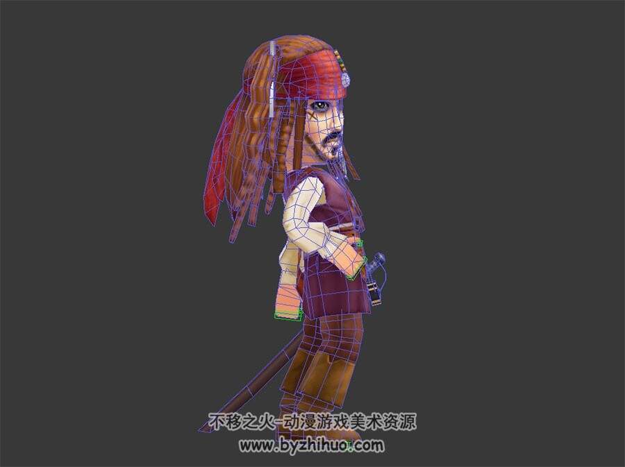卡通风格 加勒比海盗 杰克船长 3D模型 有绑定和全套动作