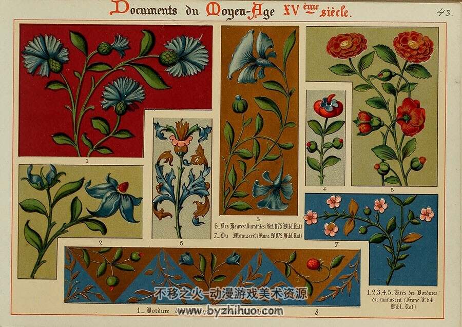 欧洲中世纪手抄本装饰插图花边 纹样花纹设计参考素材下载