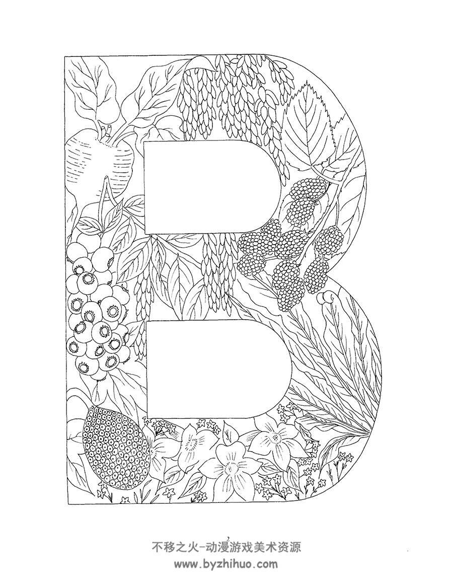 花朵与字母图案设计 着色书 Floral Alphabet Coloring Book