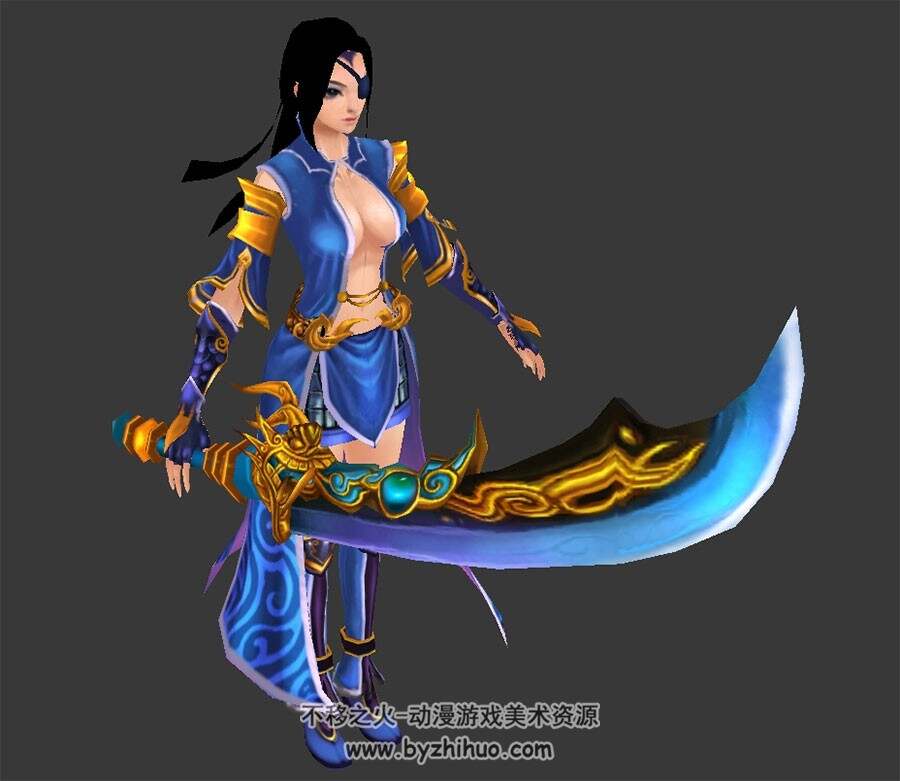 中式古装持刀女子3dMax模型下载 带绑定动作风吹头发