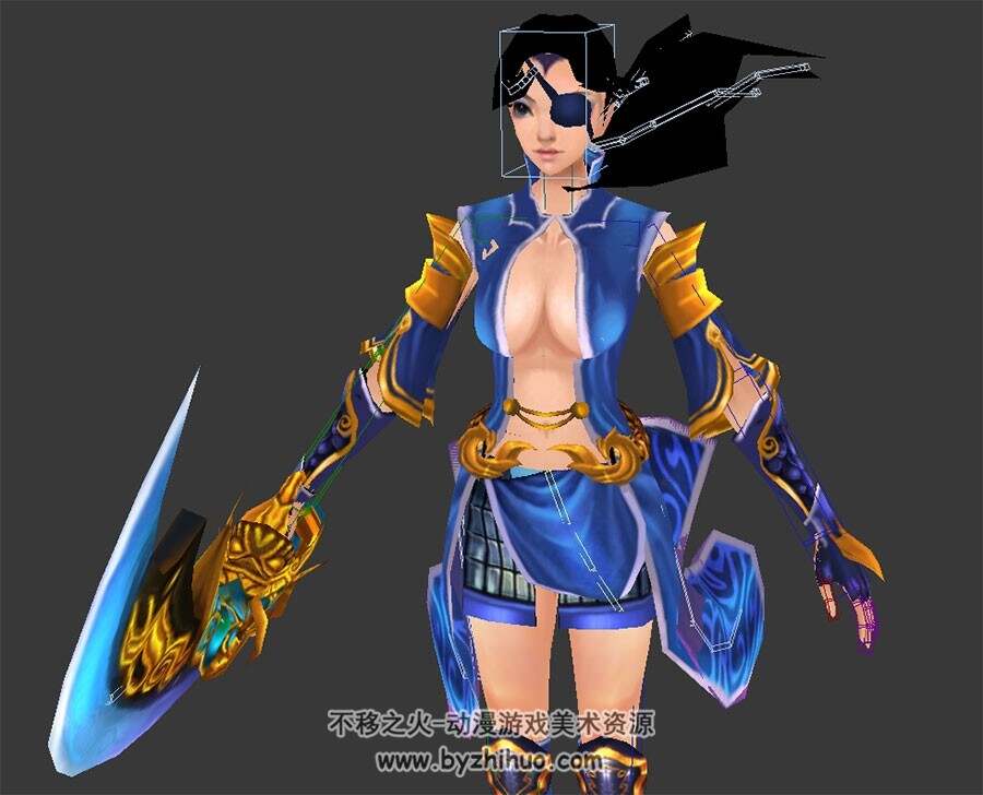 中式古装持刀女子3dMax模型下载 带绑定动作风吹头发