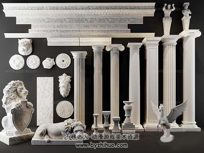 古典西方宫廷风格建筑柱子雕花3D模型下载 主要格式Max