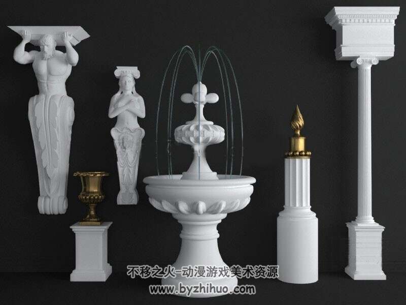古典西方宫廷风格建筑柱子雕花3D模型下载 主要格式Max