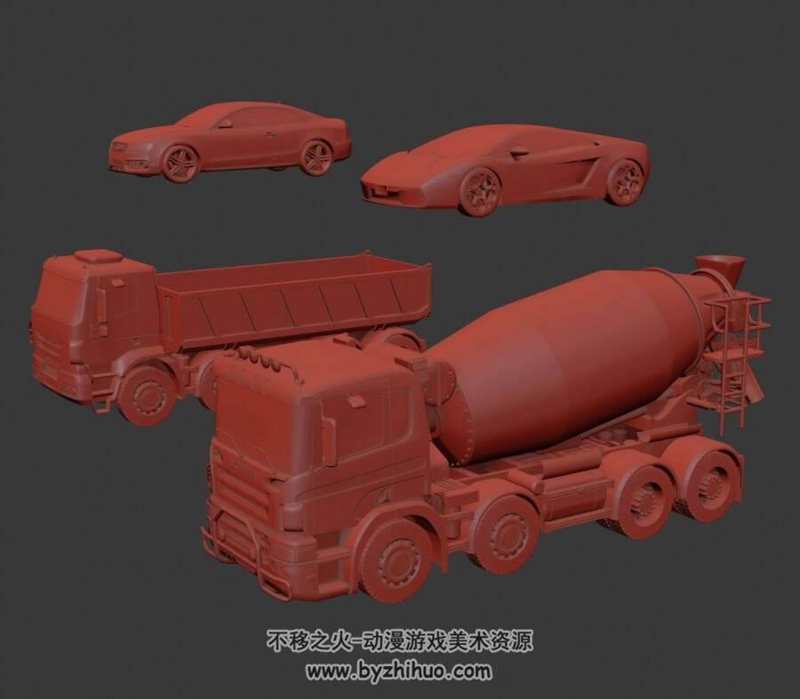 交通工具3D模型分享 货车水泥罐车跑车汽车Max模型下载 没有贴图